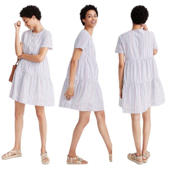 Madewell Dresses & Skirts - Madewell Crewneck Button Front Tiered Mini Dress L Striped Multi Color